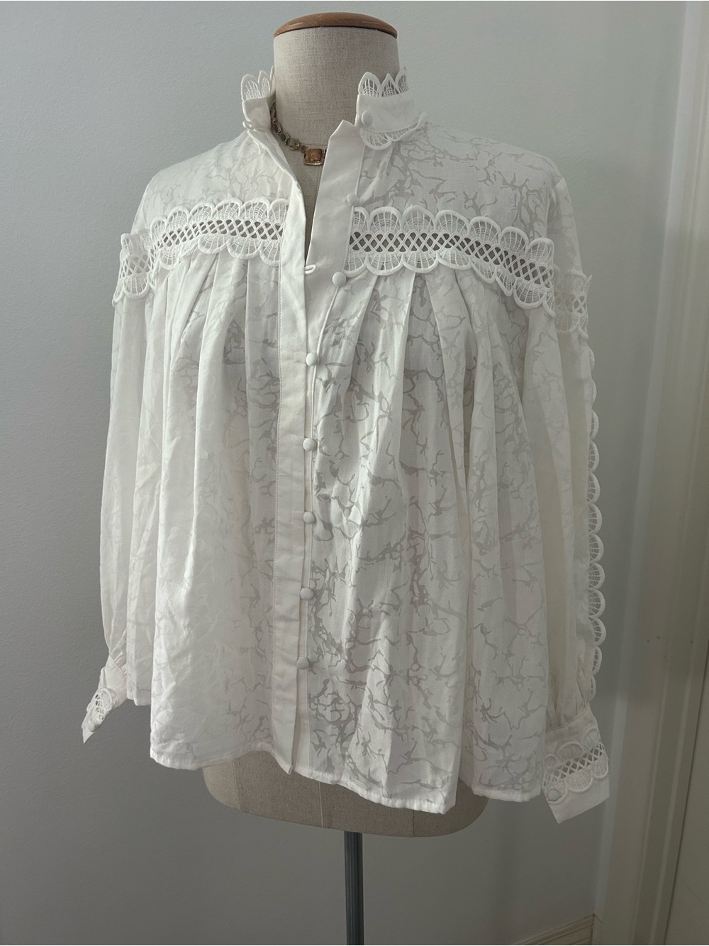ELPIS Victorian White Ruched Broderie Anglaise semi-sheer Eyelet Blouse Top S